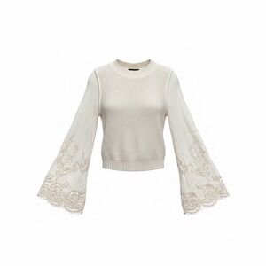 Anthropologie Floral Embroidered Bell Sleeve Sweater Small Ivory Lace Boho Top